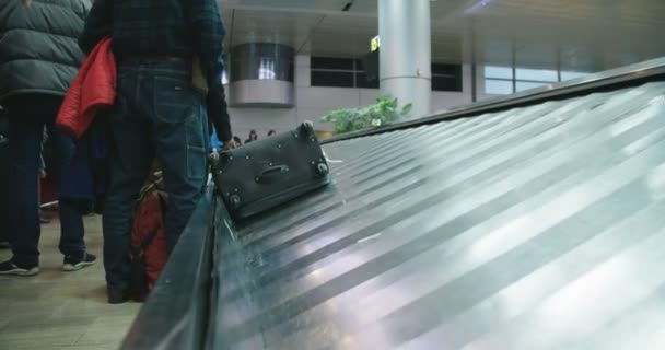 Passageiros que recolhem bagagem de uma correia transportadora no aeroporto — Vídeo de Stock