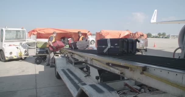 Tel Aviv, Israel - janeiro de 2018. Trabalhadores descarregando bagagem de avião — Vídeo de Stock