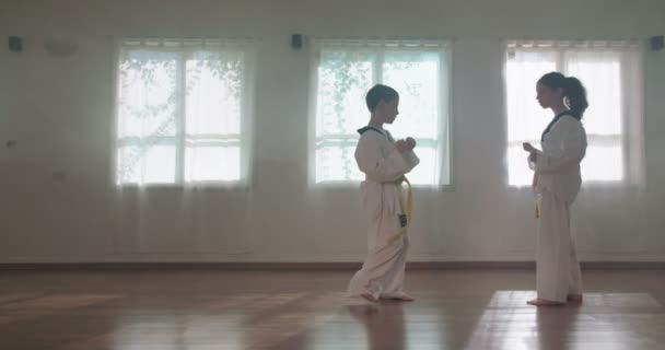 Zeitlupenaufnahmen von jungen Kindern, die Kampfkunst praktizieren — Stockvideo