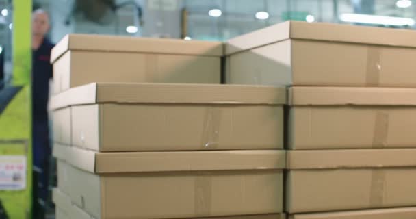 Peças de embalagem do trabalhador para entrega em um armazém — Vídeo de Stock