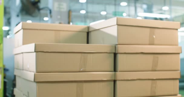 Peças de embalagem do trabalhador para entrega em um armazém — Vídeo de Stock