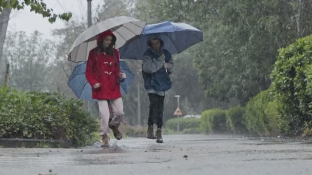 Three kids running happy in the rain and puddles with umbrellas — Stock Video