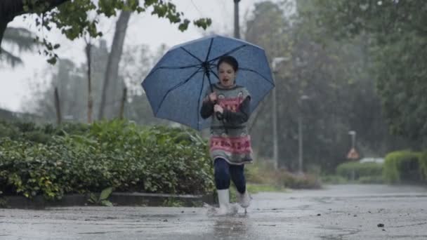 Slow motion of a little girl skipping in puddles holding an umbrella in the rain — Stock Video