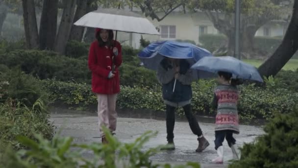 Crianças na chuva torrencial se divertindo pulando com guarda-chuvas - câmera lenta — Vídeo de Stock