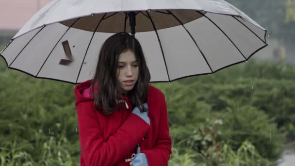 Girl standing in the cold rain holding an umbrella — Stock Video