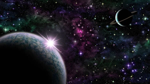 Gezegen uzayda üzerinde mor gündoğumu — Stok fotoğraf