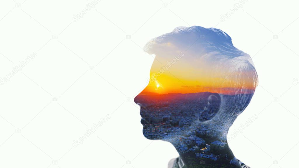 Double multiply exposure beautiful woman head silhouette portrai