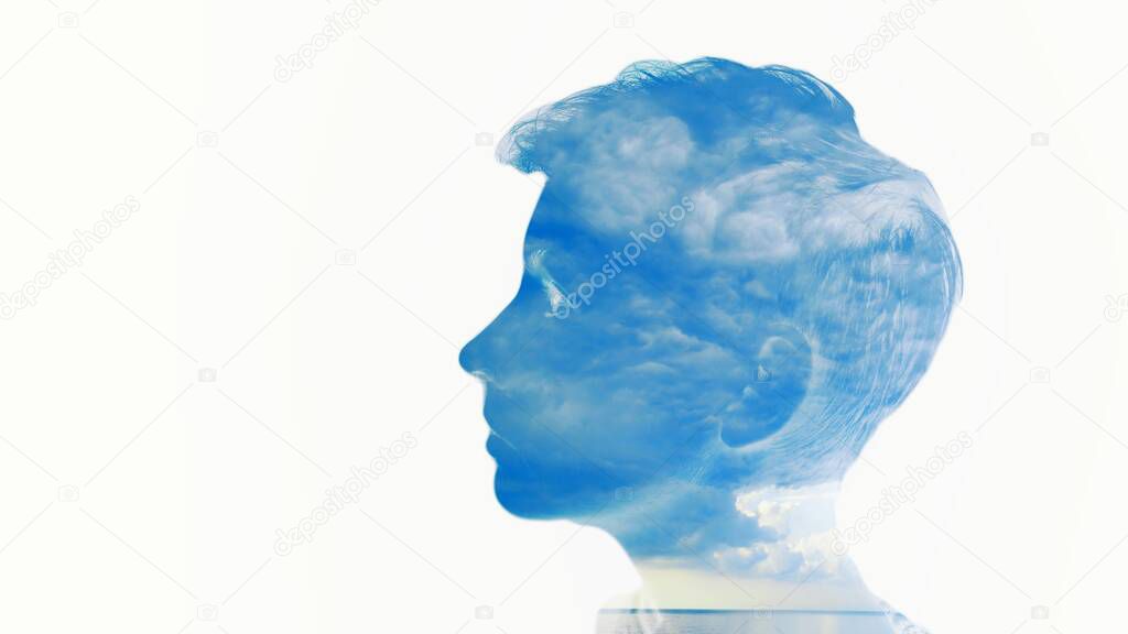 Double multiply exposure beautiful woman head face silhouette portrait white isolated with sea water and cloud nature. Mind psychology, stress therapy, human spirit, mental health, life zen iq concept