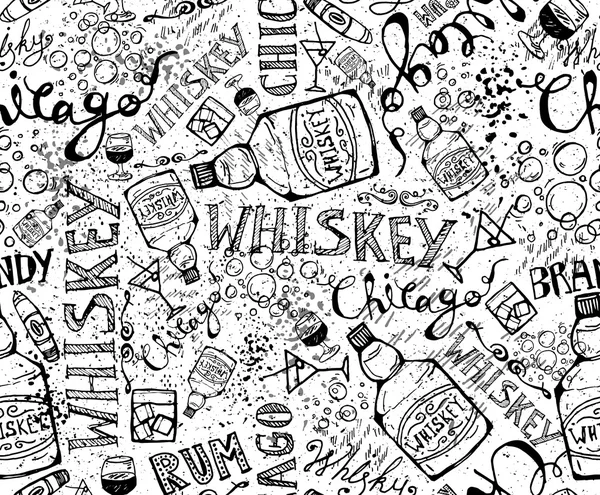 Print, seamless pattern with a bottle of whiskey, glasses and inscriptions. Design elements. — Stock vektor