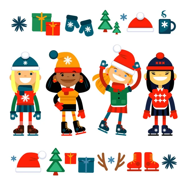 Crianças, meninas em patins coleção um fundo branco. Conjunto de ícones de Natal . — Vetor de Stock