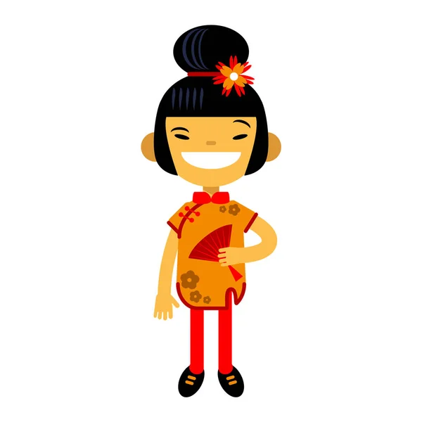 Fille de dessin animé, personnage, femme asiatique en costume traditionnel sur fond blanc. Nouvel An chinois. Illustration vectorielle du design plat — Image vectorielle