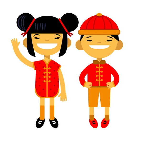 Couple de dessin animé, personnages, asiatique garçon et fille en costume traditionnel sur fond blanc. Nouvel An chinois. Illustration vectorielle du design plat — Image vectorielle