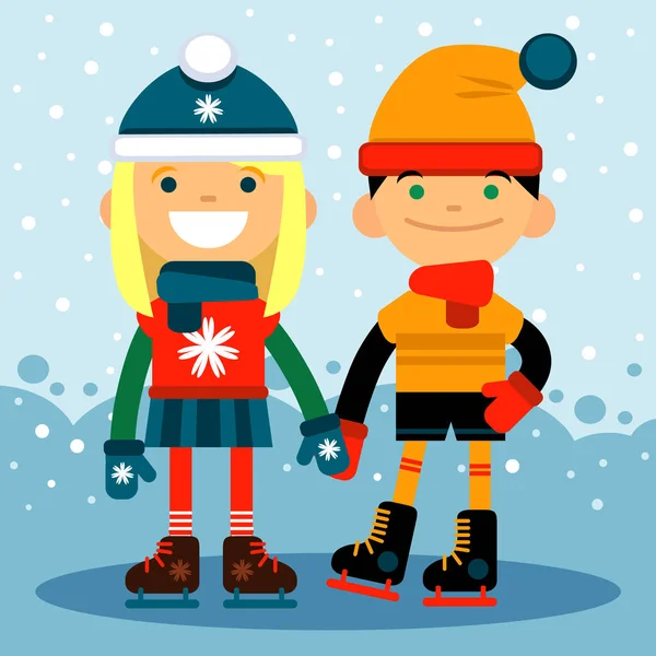Garçon et fille en patins sur la patinoire. Sports d'hiver et loisirs. Illustration vectorielle design plat — Image vectorielle
