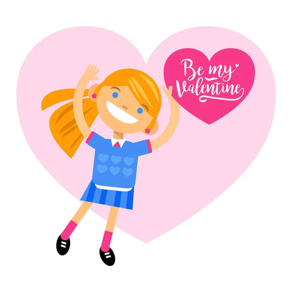 Menina com coração, saudações Feliz Dia dos Namorados. Desenhos animados ilustração de estilo plano vetorial — Vetor de Stock