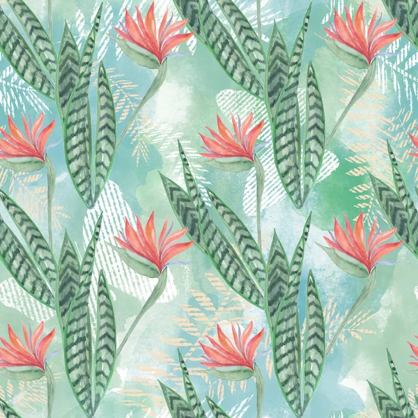 Seamless tropical pattern. red flowers, palm leaves on a green background.