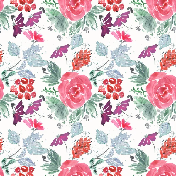 Abstract seamless cute floral pattern.Bright red, lilac flowers on white background.