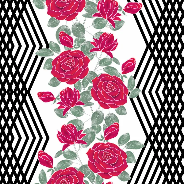 Seamless abstract floral pattern. red roses on black and white background.