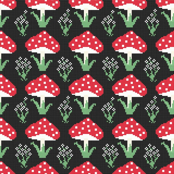 Seamless colorful pattern with red mushrooms and flowers on a black background.