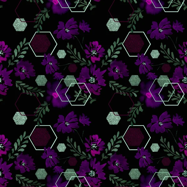 Seamless floral pattern .Purple flowers on a black background.