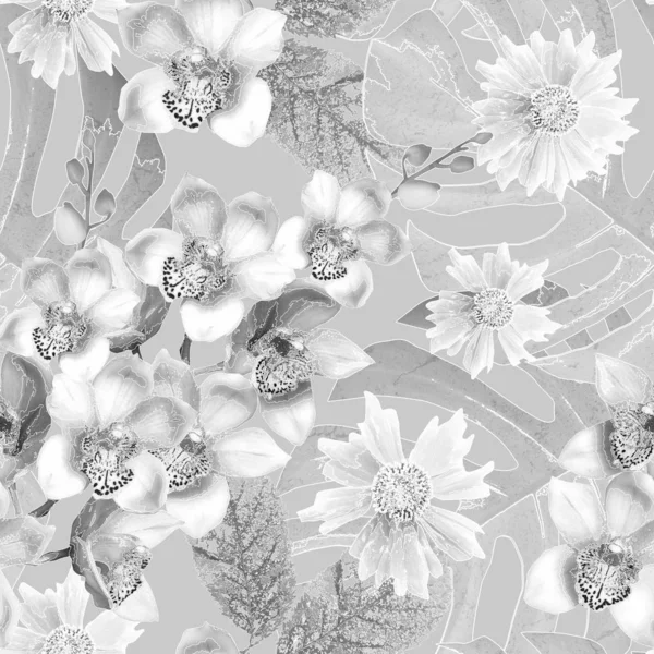 Seamless monochrome floral pattern. White flowers, orchids on a gray background.