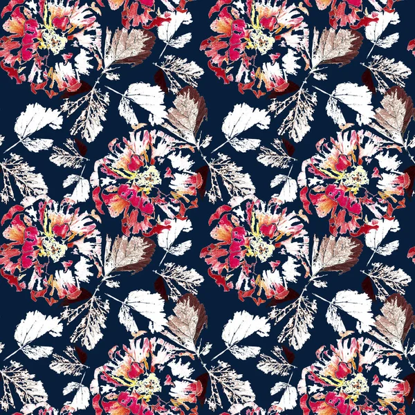 Seamless retro floral pattern . Red, white flowers on dark blue background.