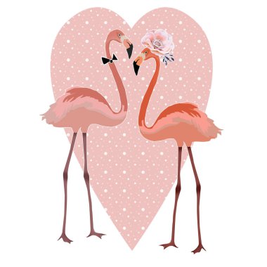 Kalp arka planında iki pembe flamingo. Düğün için izole kart, Sevgililer Günü.