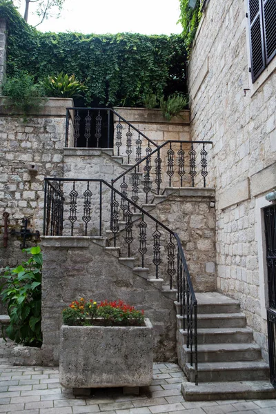 staircase with iron railings and flowers in Montenegro