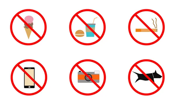 Ingen rygning, ingen mobiltelefon, ingen hunde og ingen spisning forbudt tegn – Stock-vektor