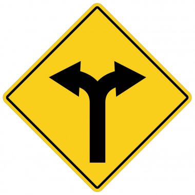 sarı işareti iki ok ile. çatal yol Sarı uyarı sembolü. tw