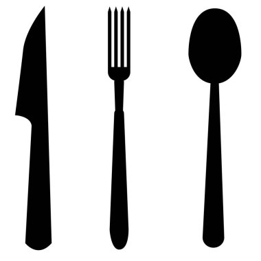 Beyaz arka planda kaşık, çatal ve bıçak ikonu. Düz stil. Çatal bıçak sembolü. Mutfak işareti. 