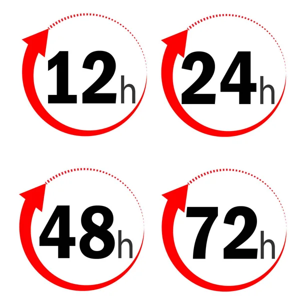 12, 24, 48 y 72 horas icono de flecha del reloj sobre fondo blanco. estilo plano. iconos de tiempo de servicio de entrega para el diseño de su sitio web, logotipo, aplicación, interfaz de usuario. tiempo de trabajo símbolo de efecto. reloj flecha signo . — Vector de stock