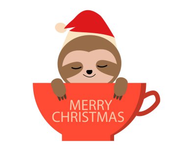 Kırmızı kahve fincanında şirin bir miskin çizgi film karakteri. Poster, tebrik kartı, tişört kullanılabilir. Noel Tembel Hayvan tabelası. Tembel hayvanlı mutlu Noeller..