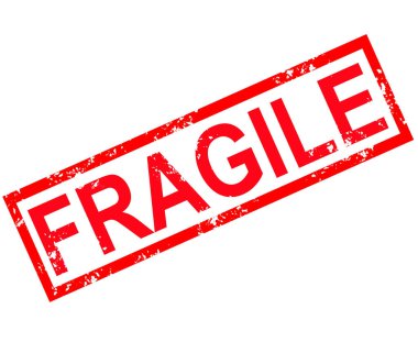 Kırılgan pul işareti. Kırılgan beyaz arka planda lastik damga.