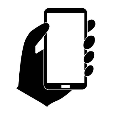 Beyaz arkaplan üzerinde el simgesi olan telefon. Düz stil. Web sitenizin tasarımı, logosu, uygulaması ve UI için el bilgisayarı simgesi. Akıllı telefon sembolü. İnsan eli telefon işareti. 