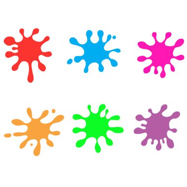 Beyaz arka planda renkli boya lekeleri var. Düz stil. Boya, web sitenizin tasarımı, logosu, uygulaması ve UI için ikon oluşturur. Sıçrama lekesi sembolü. Renkli boya sıçrama işareti. 