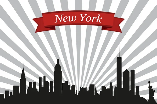 New York city skyline with rays background and ribbon — Stock Vector
