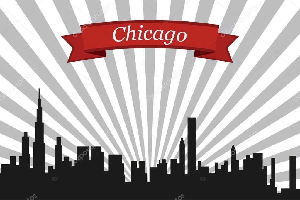 Chicago city skyline with rays background and ribbon