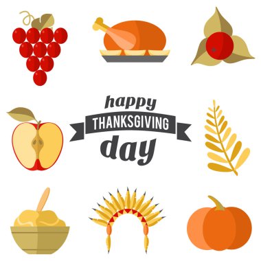 Thanksgining öğeleri düz bir tasarım. Vektör çizim
