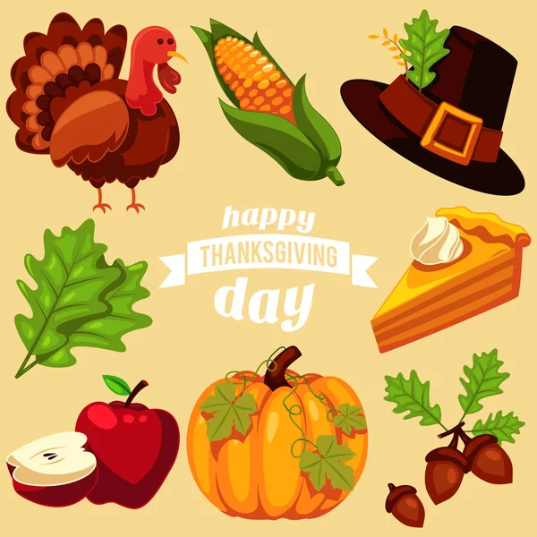 Set of colorful cartoon icons for Thanksgiving day. Vector illustration — Stock Vector