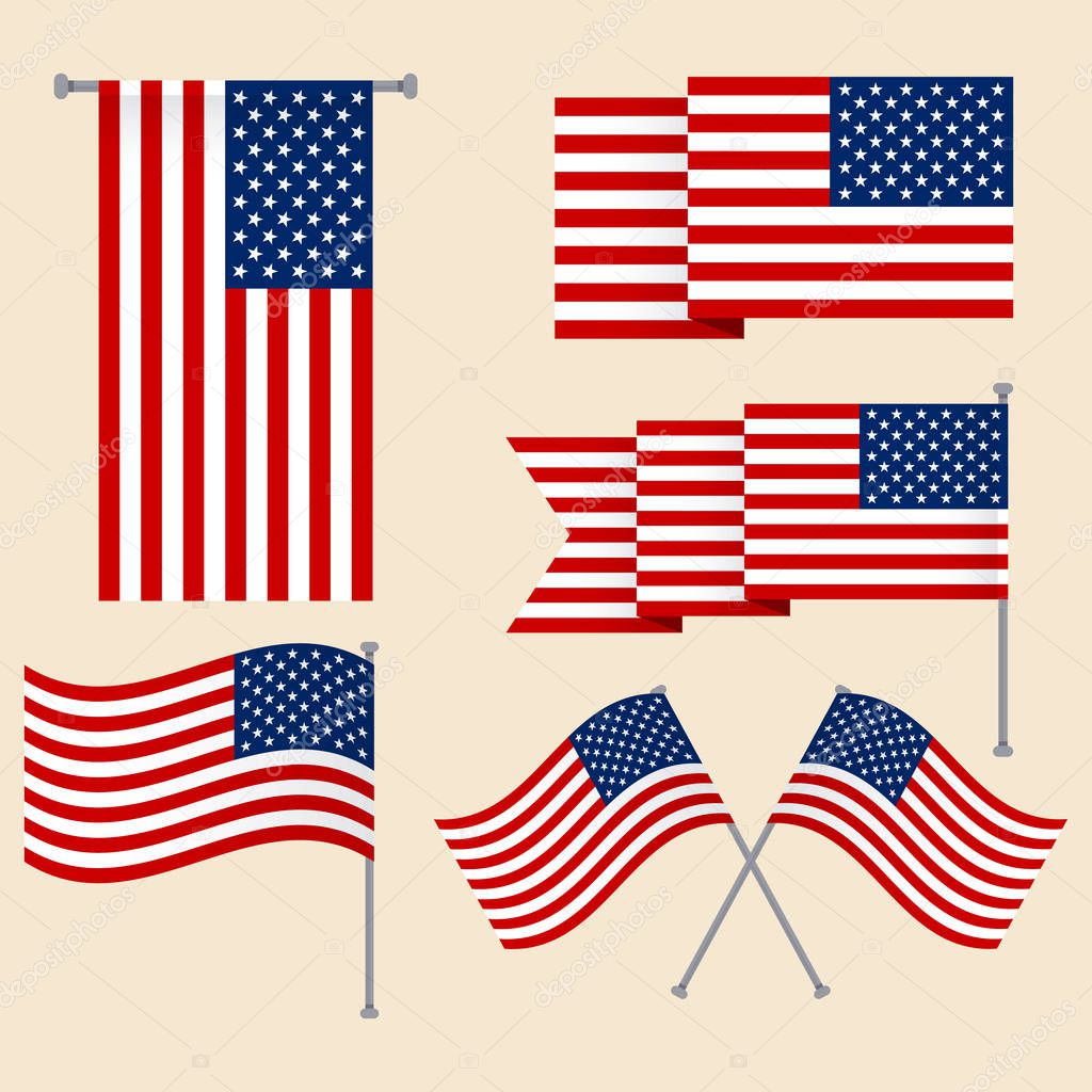 USA flags set of different forms. Vector illustration