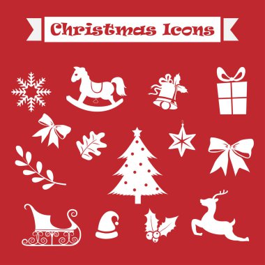 Kırmızı bir arka plan üzerinde Noel simgeler kümesi. Vektör çizim