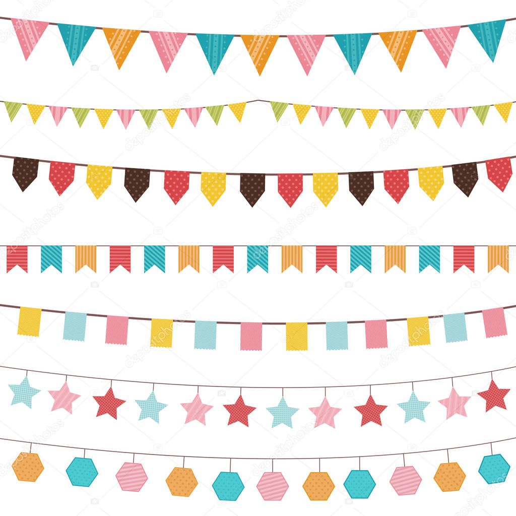 Colorful bunting and garland set isolated on white. Vector illustration