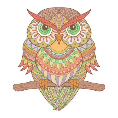 Vektör zentangle baykuş çizim. Süslü desenli kuş