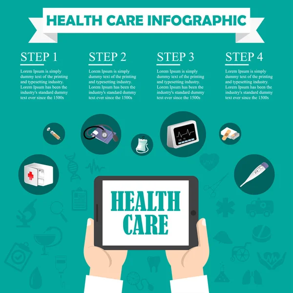 Zdravotní péče infografiku s lékařskou ikony a rukou s tabletem — Stockový vektor