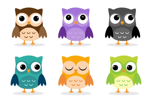 Set van zes cartoon uilen met verschillende emoties. Vectorillustratie — Stockvector