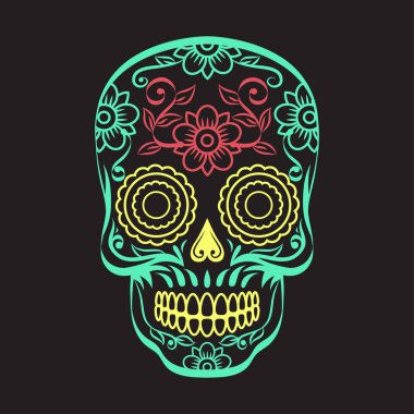 Siyah zemin çiçek süsleme ile kafatası. Vektör çizim