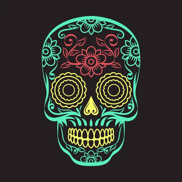 Calavera con adorno floral sobre fondo negro. Ilustración vectorial — Vector de stock