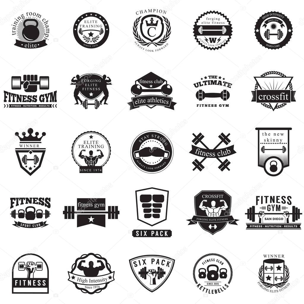 Set of styled fitness emblems. Vintage gym logo templates. Vector illustrations