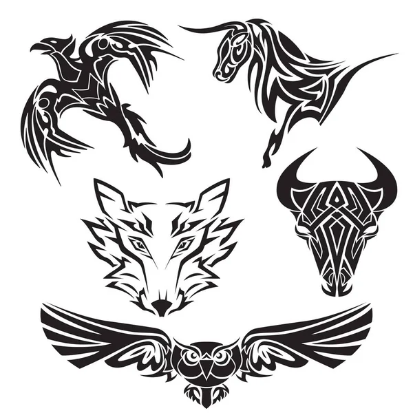 Zestaw tatuaż zwierzęta. Bull, wilk, Sowa, orzeł — Wektor stockowy