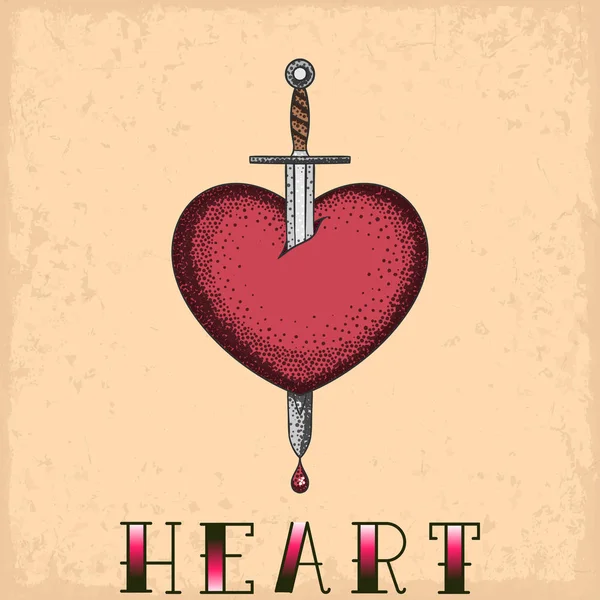 Corazón con tatuaje de espada sobre fondo grunge — Vector de stock